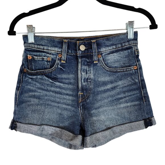 Levi's High Rise Button Fly Wedgie Shorts Mid Wash Cuffed Hem Cheeky Denim Short - Picture 2 of 12